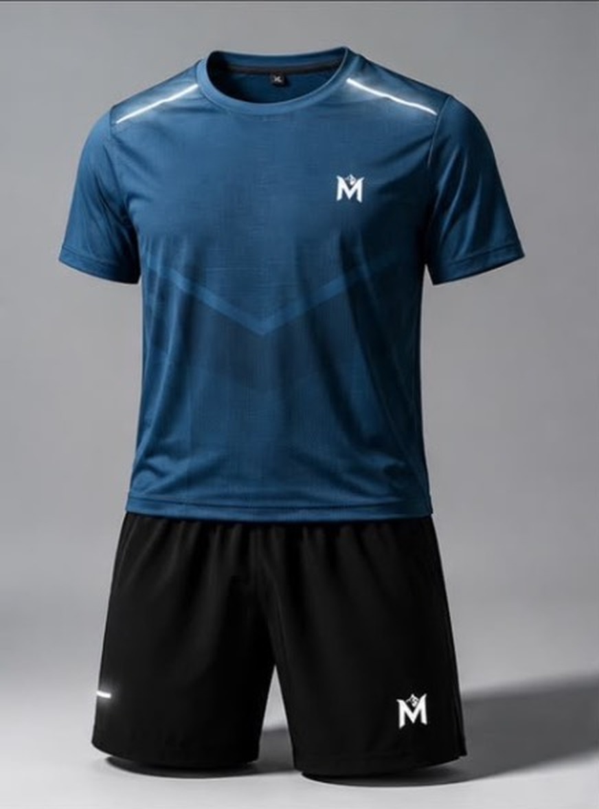 Moderate Noir Set 02 deep teal tee and black shorts, front view